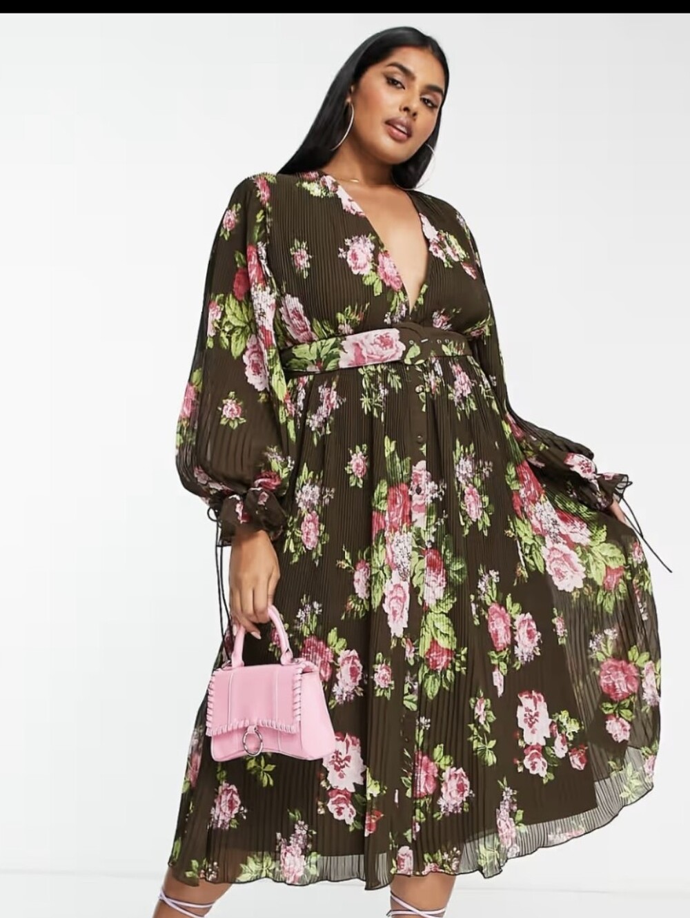 ASOS Design Brown Olive Green Floral Pleated Blouson Sleeve Midi Dress Sz 12